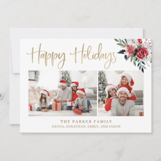 prettige feestdagen | Goud met twee foto's en bloe Feestdagenkaart (Voorkant)