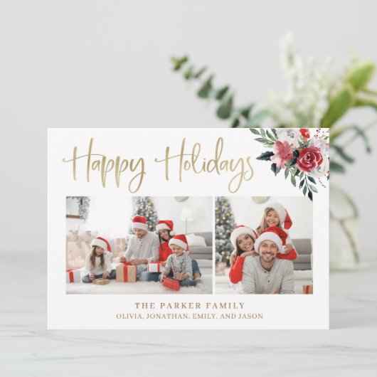 prettige feestdagen | Goud met twee foto's en bloe Feestdagenkaart (Staand voorkant)