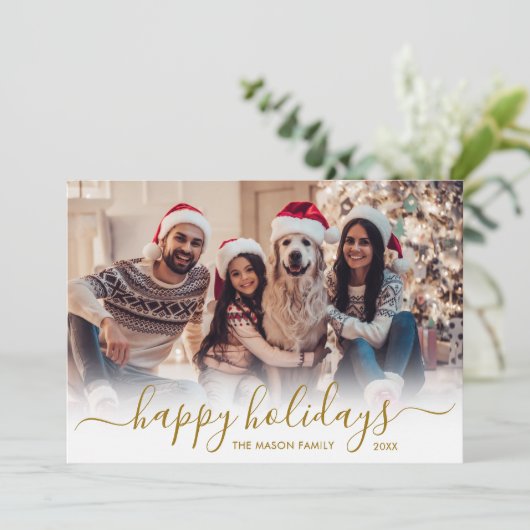 Prettige feestdagen Goud Script 2 Foto Kerstmis Feestdagenkaart (Staand voorkant)