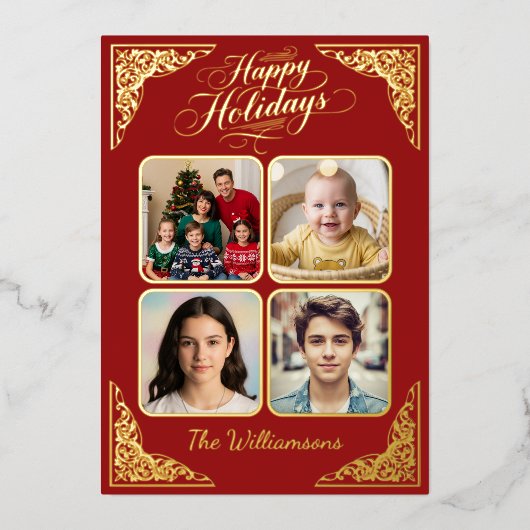 Prettige feestdagen Goud, vier afbeeldingen, rood, (Voorkant)