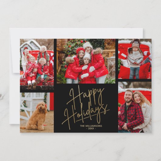 Prettige feestdagen Goud vijf foto's zwart Feestdagenkaart (Voorkant)
