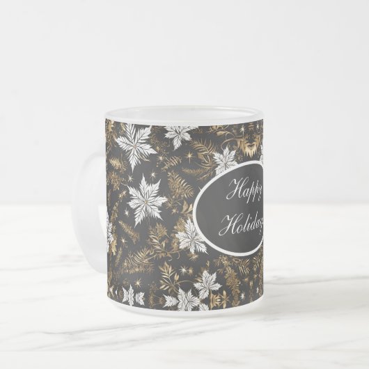 Prettige feestdagen Goud, zwart en wit Poinsettia Matglas Koffiemok (Voorkant links)