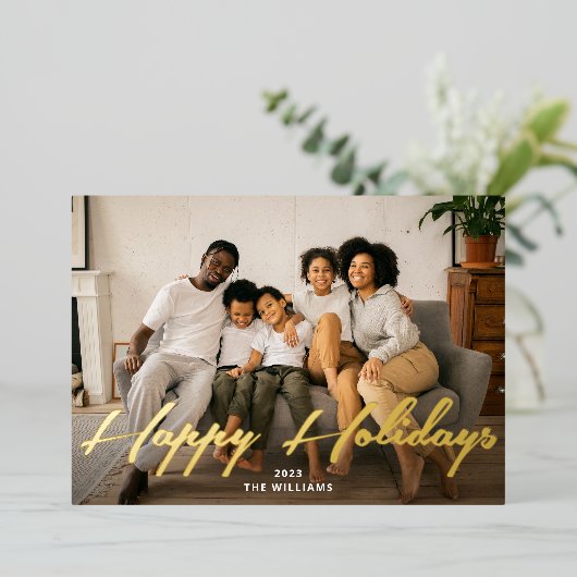 Prettige feestdagen Gouden Borstel Script Foto Ech (Staand Voorkant)