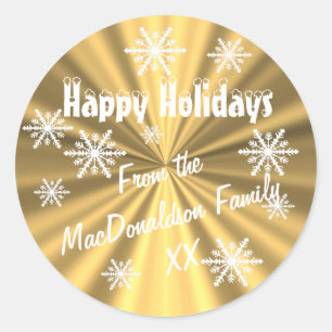 Prettige feestdagen Gouden en witte sneeuwvlokken Ronde Sticker