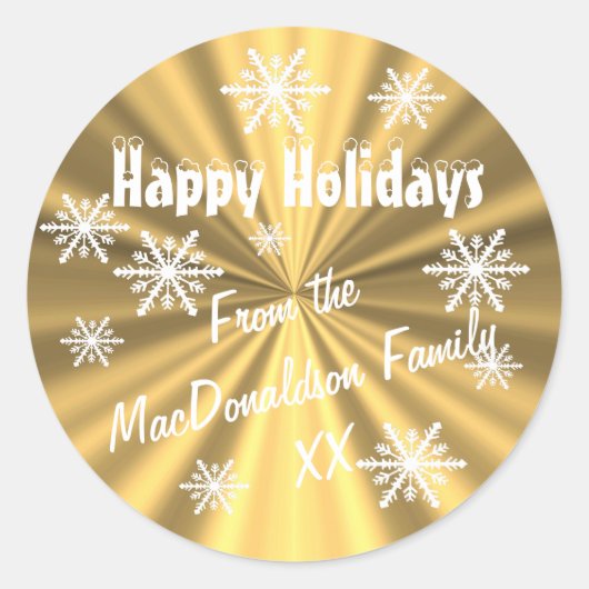 Prettige feestdagen Gouden en witte sneeuwvlokken  Ronde Sticker (Voorkant)
