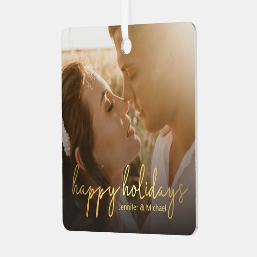 prettige feestdagen gouden handschrift trouwdag fo metalen ornament (Voorkant links)