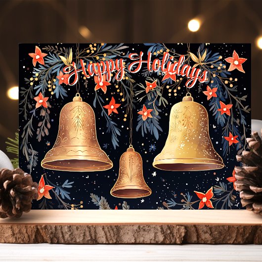  Prettige feestdagen gouden klokken en bloemen