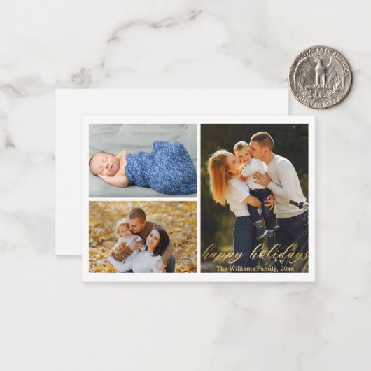 prettige feestdagen gouden script 3 foto's collage notitiekaartje (Voorkant / Achterkant in situ)
