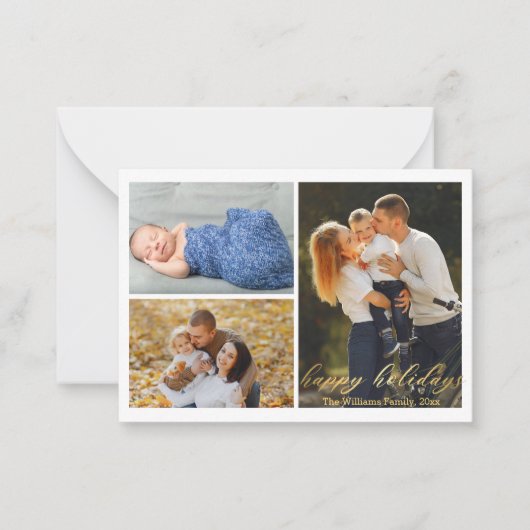 prettige feestdagen gouden script 3 foto's collage notitiekaartje (Voorkant)
