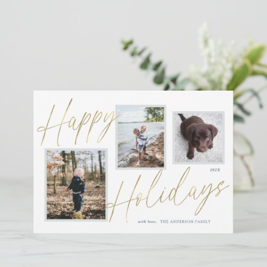 Prettige feestdagen Gouden Script 3 Photo Holiday  Feestdagenkaart (Staand voorkant)