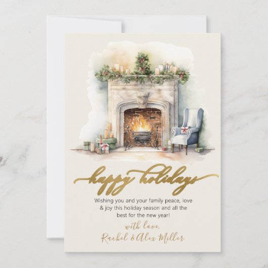 Prettige feestdagen Gouden Script open haard niet  Feestdagenkaart (Voorkant)
