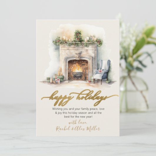 Prettige feestdagen Gouden Script open haard niet Feestdagenkaart (Staand voorkant)