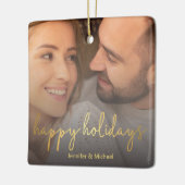 prettige feestdagen gouden script paar foto keramisch ornament (Links)