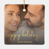 prettige feestdagen gouden script paar foto keramisch ornament (Achterkant)