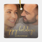 prettige feestdagen gouden script paar foto keramisch ornament (Voorkant)