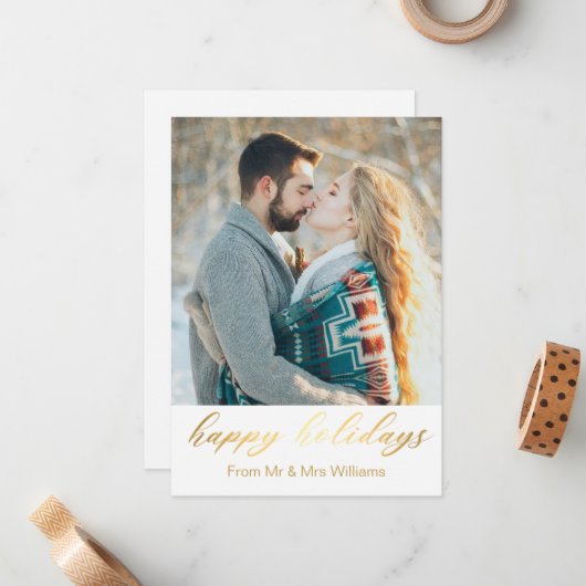 prettige feestdagen goudkalligrafie, foto van newl notitiekaartje (Voorkant / Achterkant in situ)