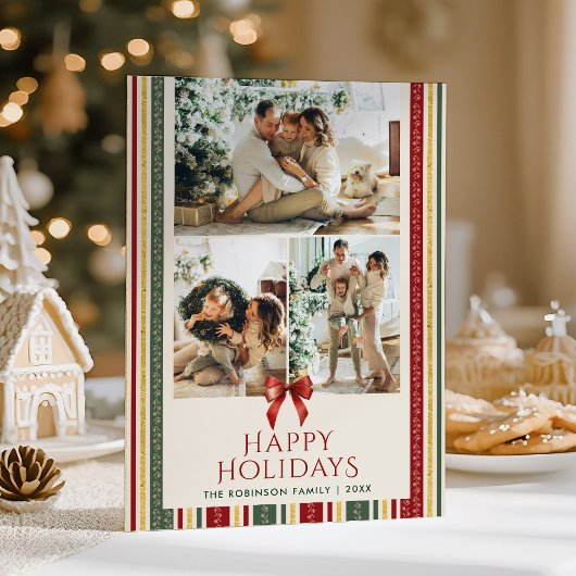 Prettige feestdagen Grandmillennial Stripes Bow Feestdagenkaart