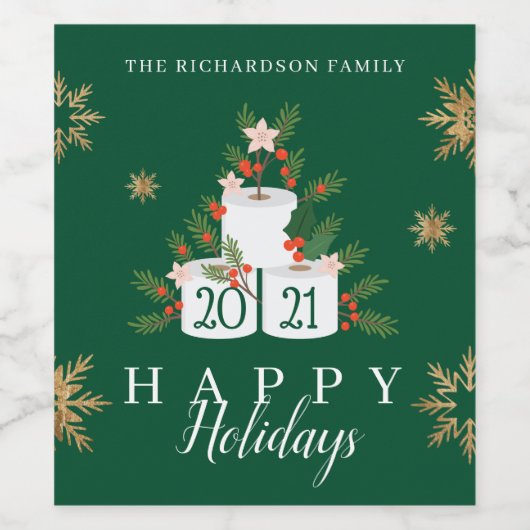 Prettige feestdagen Grappig toiletpapier kerstboom Wijn Etiket (Enkel label)