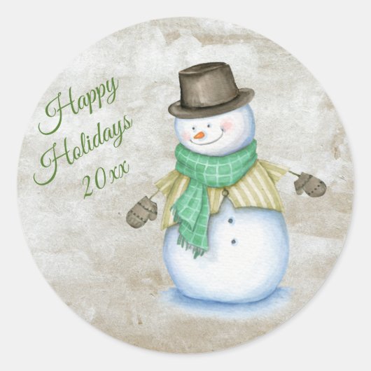 prettige feestdagen Green Snowman Script Waterverf Ronde Sticker (Voorkant)