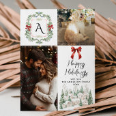 Prettige feestdagen Greenery Monogram Crest Bow Feestdagenkaart