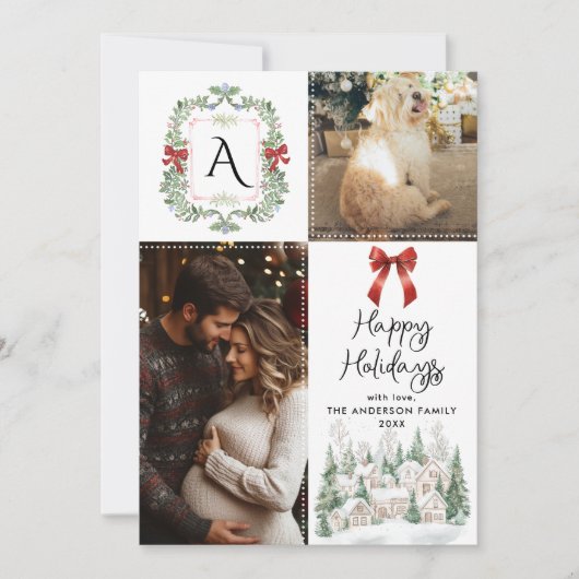 Prettige feestdagen Greenery Monogram Crest Bow Feestdagenkaart (Voorkant)