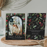 Prettige feestdagen Grijs 1 Foto Botanische boog E Feestdagenkaart<br><div class="desc">Dit collectie is voorzien van waterverf rode bloemen,  bessen & wintergroen met een moderne en elegante typografie,  met een winterbotanische patroonrug.</div>