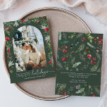 Prettige feestdagen Groen 1 Foto Botanische boog M Feestdagenkaart<br><div class="desc">Dit collectie is voorzien van waterverf rode bloemen,  bessen & wintergroen met een moderne en elegante typografie,  met een winterbotanische patroonrug.</div>