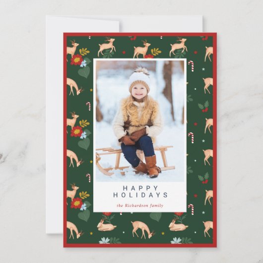 Prettige Feestdagen Groen Rendier Bloemmotief Foto Feestdagenkaart (Voorkant)