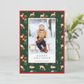 Prettige Feestdagen Groen Rendier Bloemmotief Foto Feestdagenkaart (Staand voorkant)