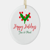 Prettige feestdagen groen rood koppel naam groen b keramisch ornament (Rechts)