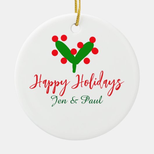 Prettige feestdagen groen rood koppel naam groen b keramisch ornament (Voorkant)