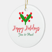 Prettige feestdagen groen rood koppel naam groen b keramisch ornament (Links)