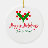 Prettige feestdagen groen rood koppel naam groen b keramisch ornament (Achterkant)