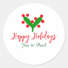 Prettige feestdagen groen rood koppel naam groen b ronde sticker
