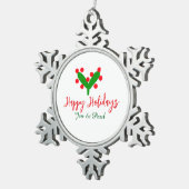 Prettige feestdagen groen rood koppel naam groen b tin sneeuwvlok ornament (Rechts)