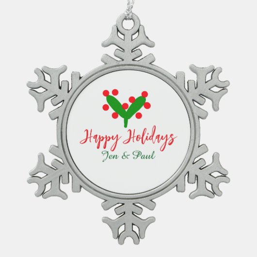Prettige feestdagen groen rood koppel naam groen b tin sneeuwvlok ornament (Voorkant)