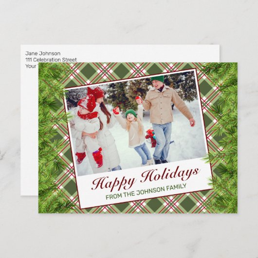 Prettige feestdagen Groen Rood Plaid Pine Aankondigingskaart (Voorkant / Achterkant)