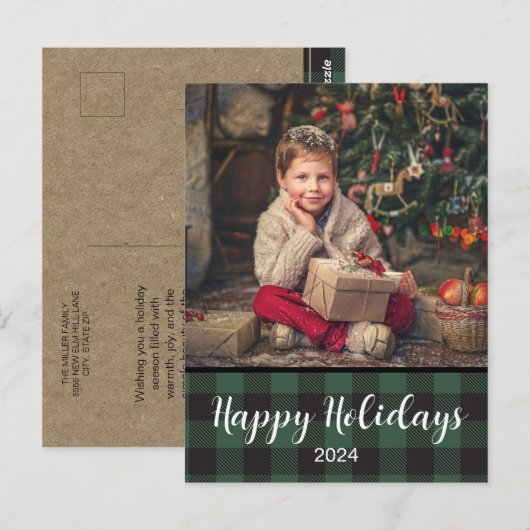 Prettige feestdagen Groene Buffel Plaid 2024 Briefkaart (Voorkant / Achterkant)