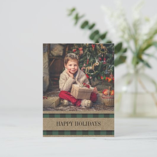 Prettige feestdagen Groene Buffel Plaid Foto Briefkaart (Staand voorkant)
