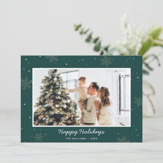 Prettige feestdagen Groene Familie Foto Snowflake Feestdagenkaart (Staand voorkant)