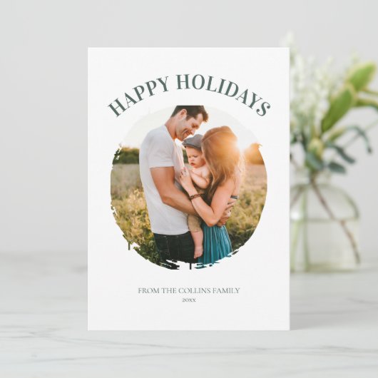 Prettige feestdagen Groene Familiefoto Moderne Ker Feestdagenkaart (Staand voorkant)