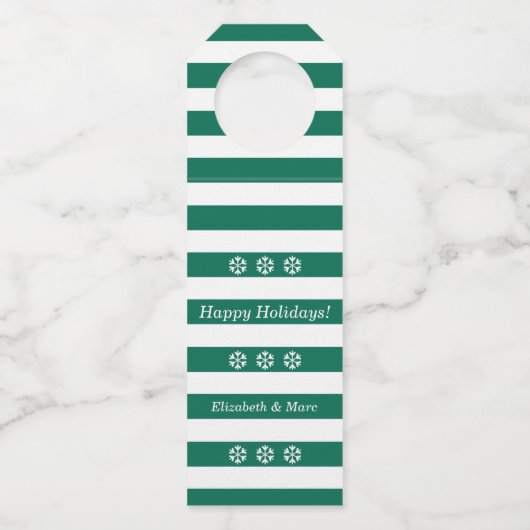 prettige feestdagen Groene gestreept Snowflakes Wi Flessenhanger (Voorkant)