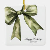 Prettige feestdagen Groene Waterverf Bow Christmas Keramisch Ornament (Voorkant)