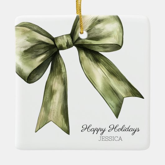 Prettige feestdagen Groene Waterverf Bow Christmas Keramisch Ornament (Voorkant)
