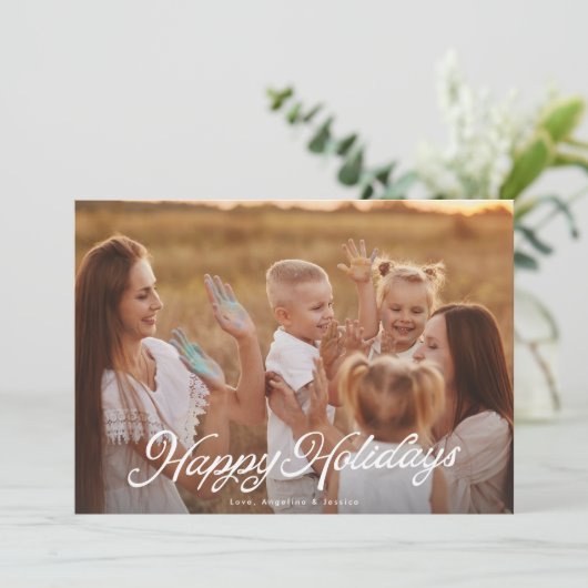 Prettige feestdagen Grote foto witte belettering o Feestdagenkaart (Staand voorkant)