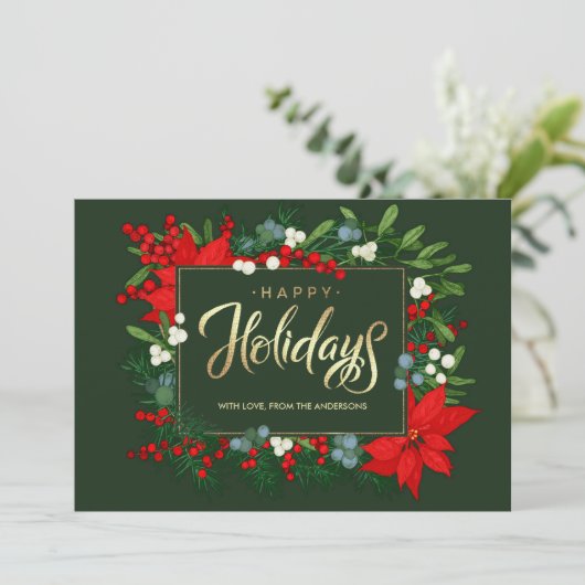 prettige feestdagen. Handgetrokken Poinsettia Lijs Feestdagenkaart (Staand voorkant)