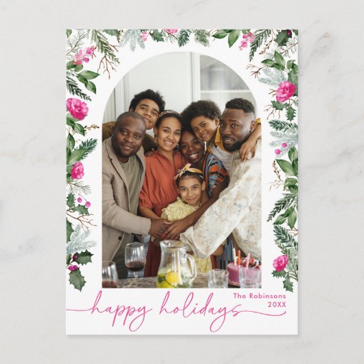 Prettige feestdagen Helderroze botanische boog Briefkaart (Voorkant)