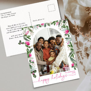 Prettige feestdagen Helderroze botanische boog Briefkaart