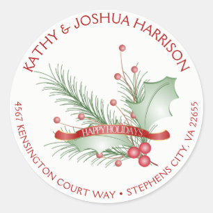 prettige feestdagen Holly Berries Pine Round Adres Ronde Sticker