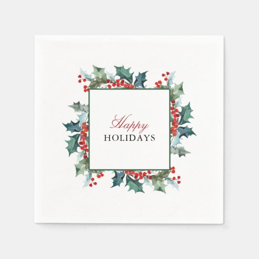 Prettige feestdagen Holly en Berries Servet (Voorkant)